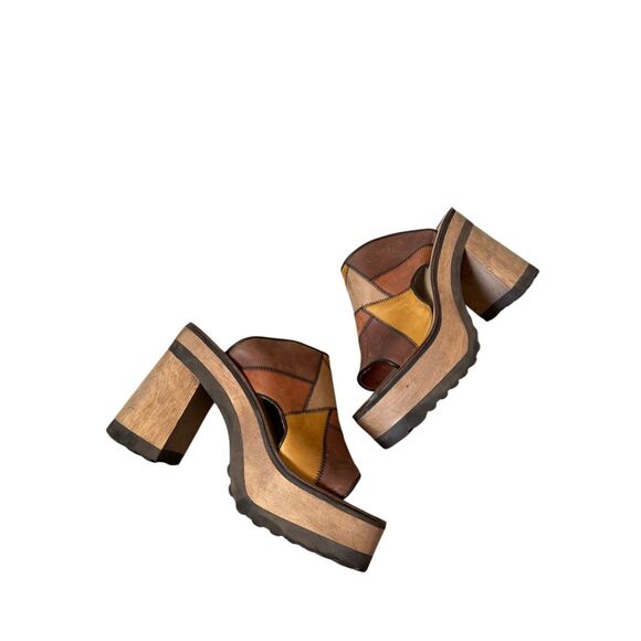 Steve Madden Ember Patchwork Platform Leather Sandals Mules 70s Y2K Wooden Chunk - Picture 1 of 12